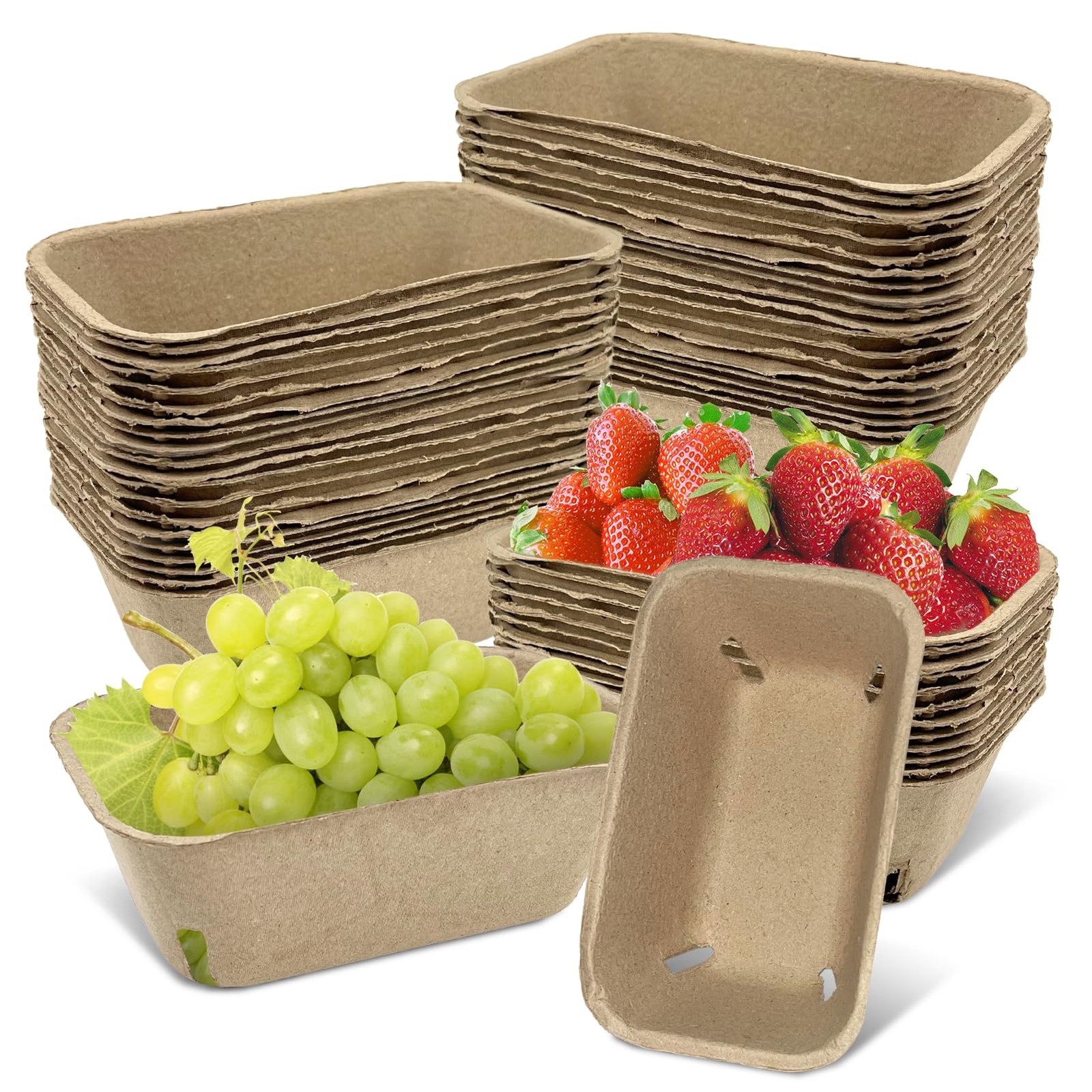 50 Pcs 7.3x4.3x2.8 Pulp Fiber Berry Basket, Natural, Vented, Farmers Market