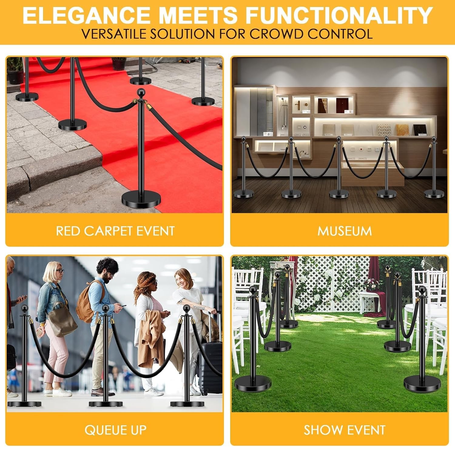 4 Black Stanchion Posts Queue Barrier 2 Black Velvet Ropes Crowd Control