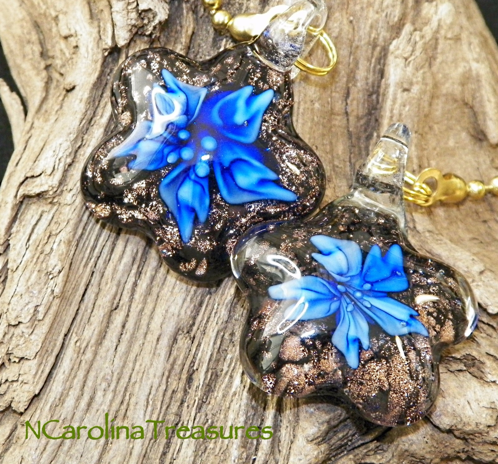 GLASS CEILING FAN CHAIN SWITCH PULL BLACK GLITTER BLUE FLORAL STAR LARGE PAIR