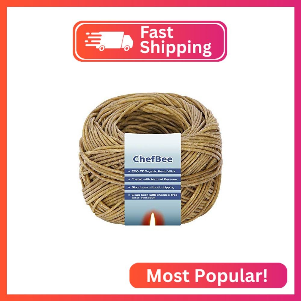 CHEFBEE 200 FT Organic Hemp Wick, Well Coated Natural Beeswax for Hemp Wick Ligh