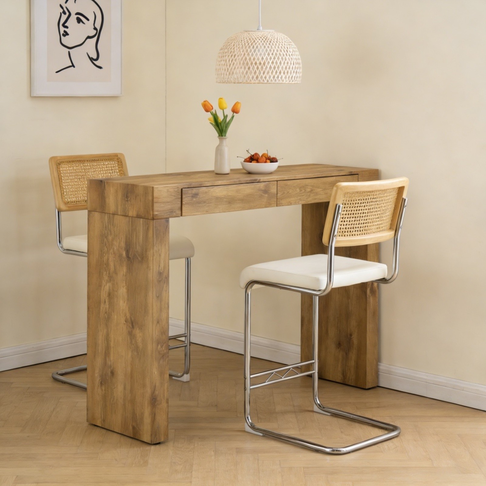2-Piece PU Leather Bar Chair Set with Wood Grain Table & Storage