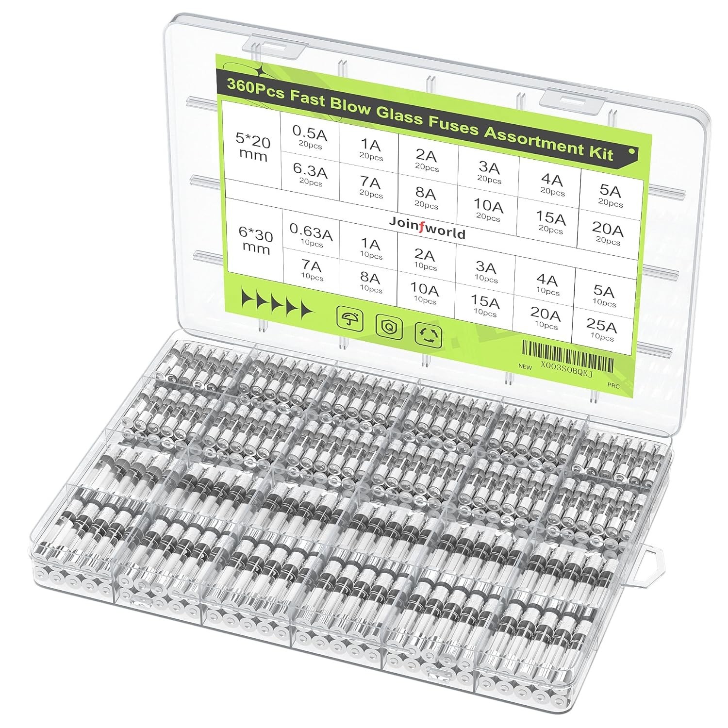 360pcs Fast Blow Glass Fuse Assortment 24 Value 250V 5x20mm 6x30mm AutomotiveKit