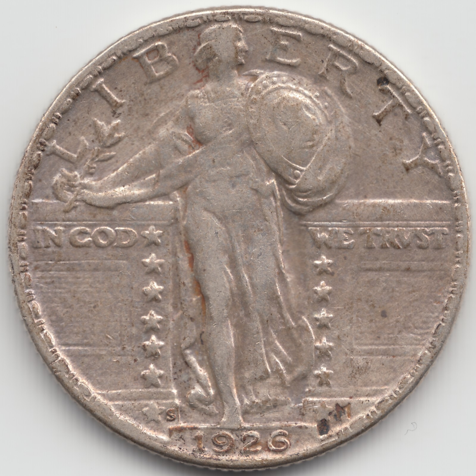 1926 S Standing Liberty Quarter, XF-AU, die crack, cleaned