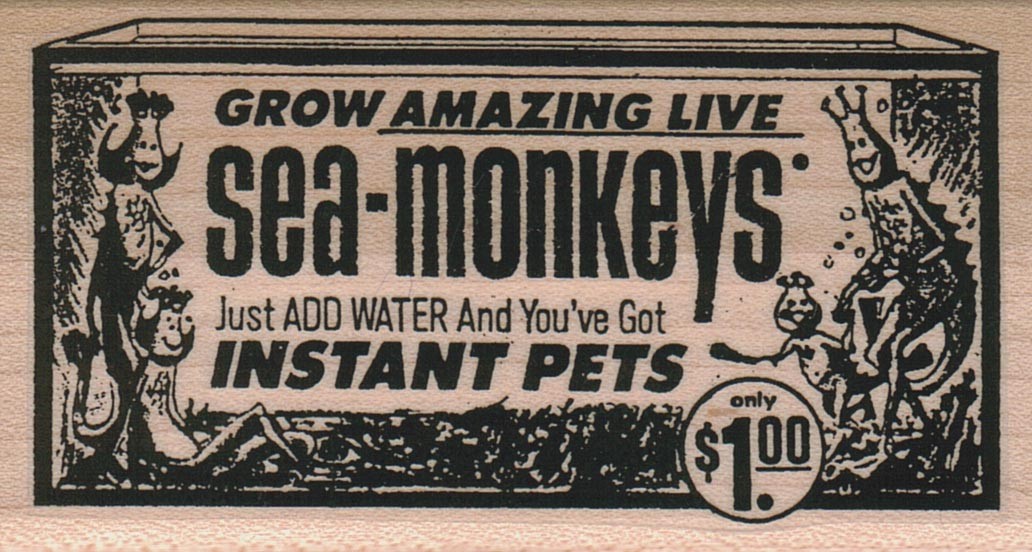 Sea-Monkeys 2 x 3 1/2" Rubber Stamp, Toy Stamp, Retro Toy Stamp