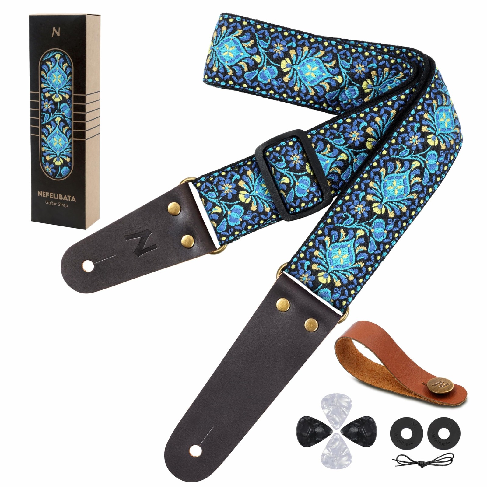 Nefelibata Guitar Strap, 2" Cotton Embroidery Guitar Straps, Full Grain Leath...