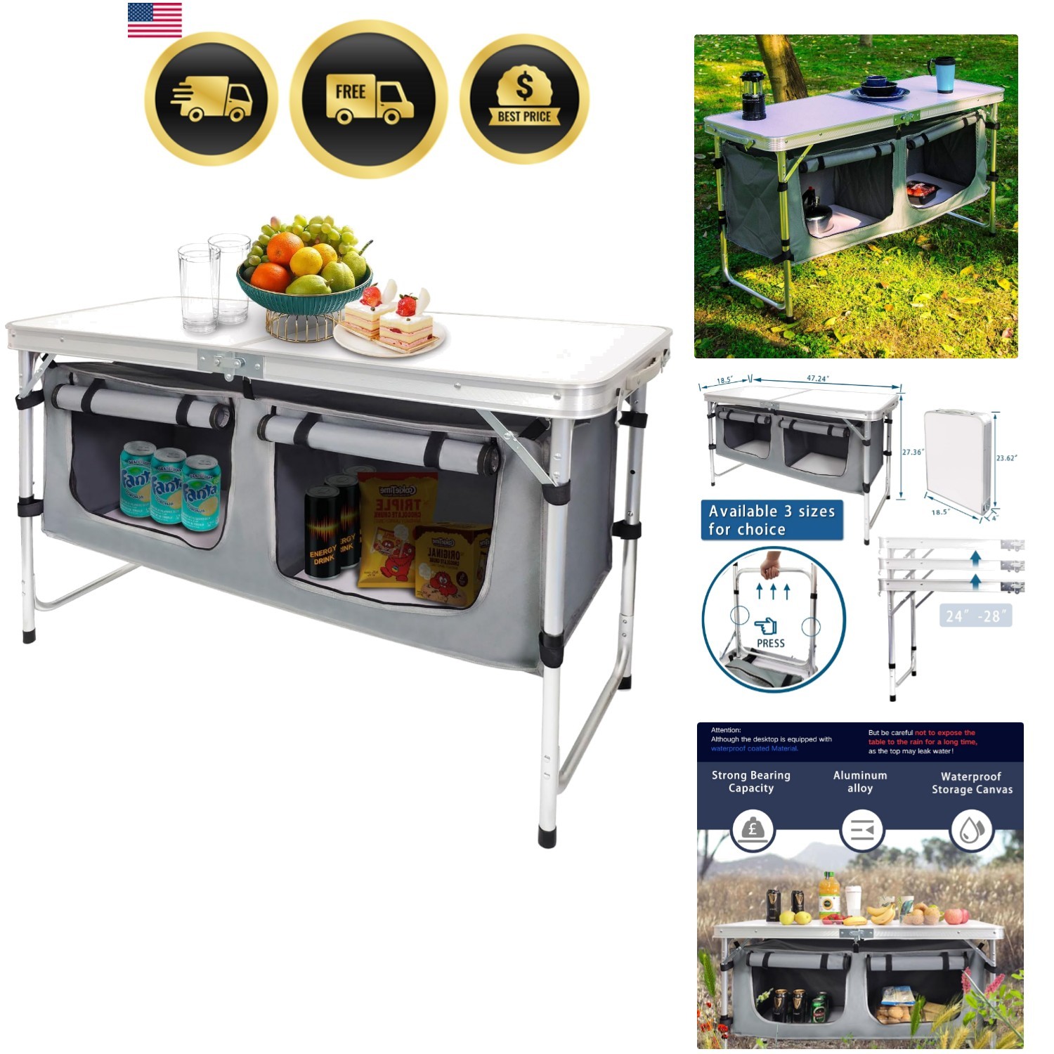 Outdoor Folding Table Aluminum Lightweight Height Adjustable with Storage Org...