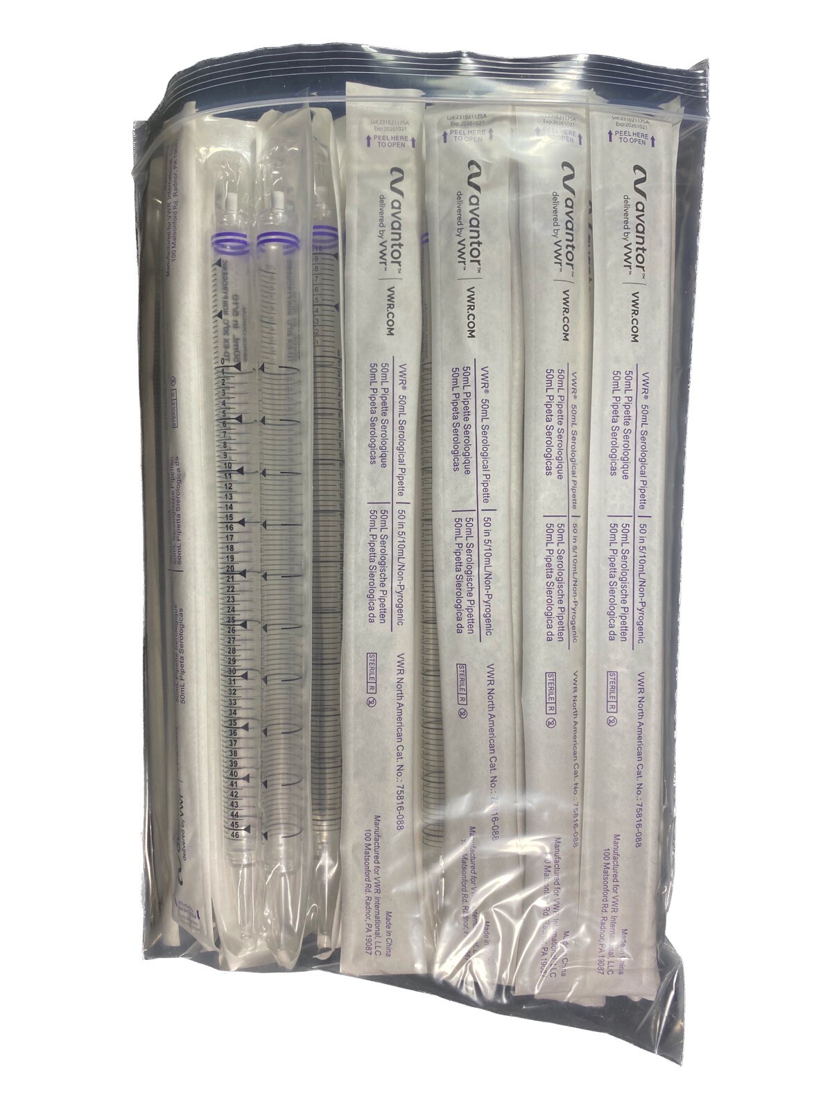 VWR 50mL Disposable Serological Pipette 0.5mL Graduation Purple 75816-088(37/cs)