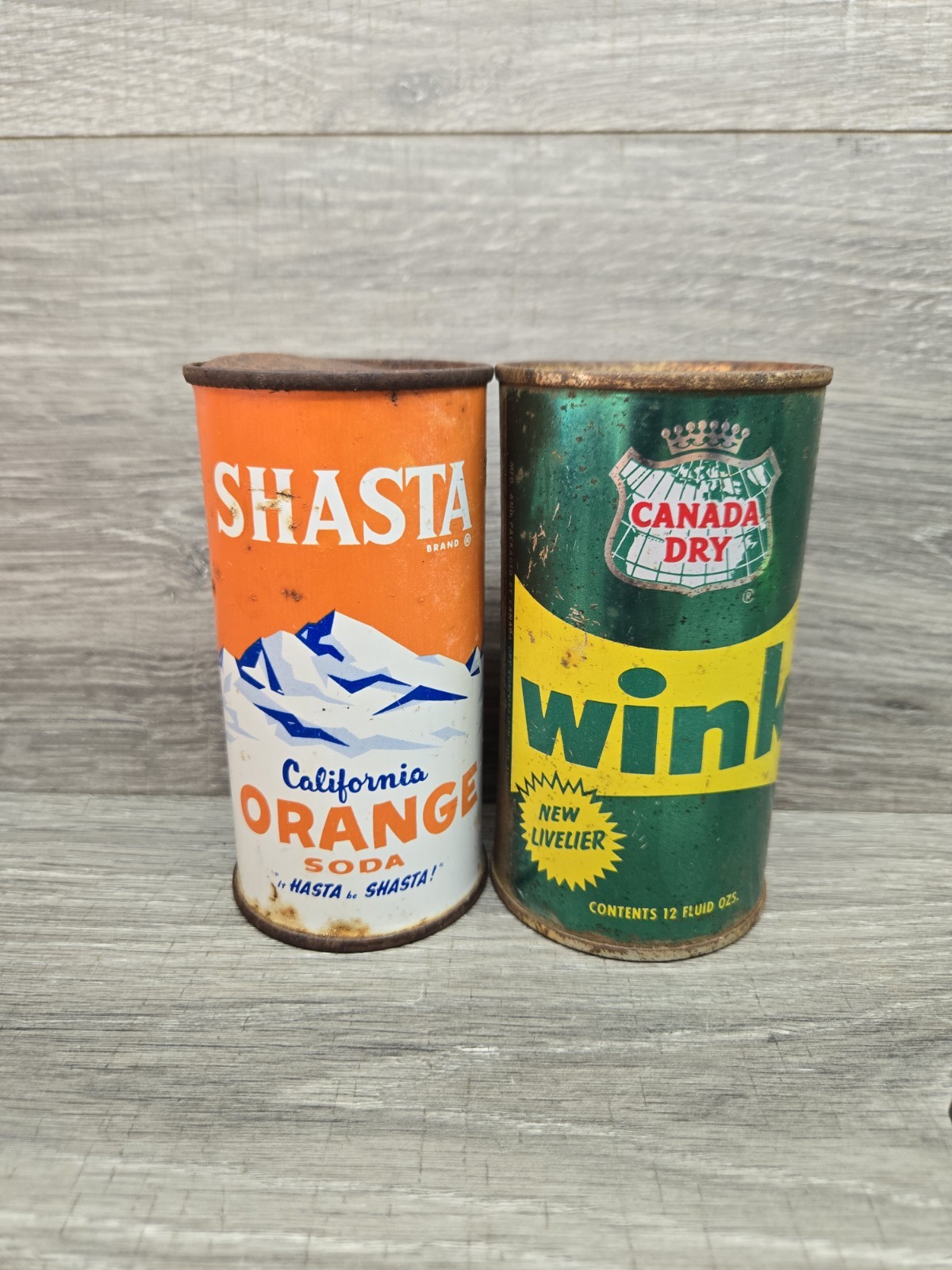 2 Flat Top Soda Can Shasta Orange Canada Dry Wink