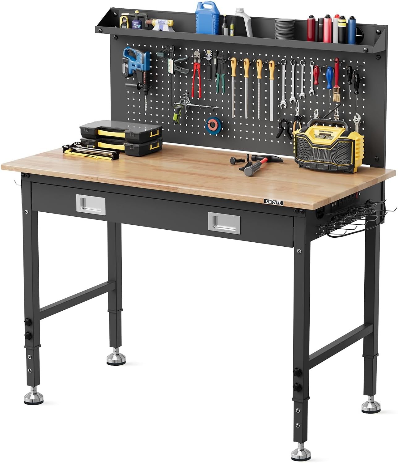 Workstation w/ Integrated Drawer,LED Light&Back Panel,5-Level Adjustable Height