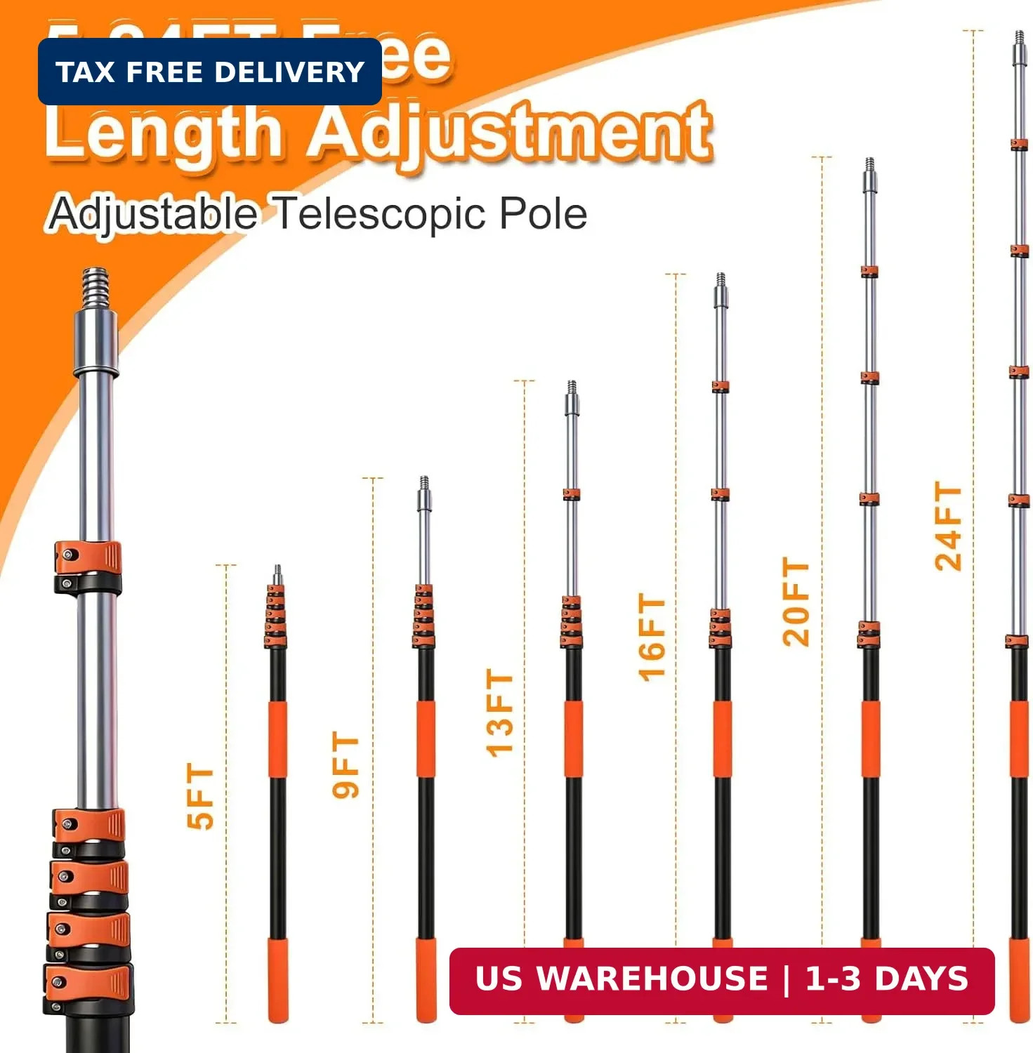 30FT High Window Cleaning Kit, 5-24 FT Telescoping Extension Pole with Dual Acti