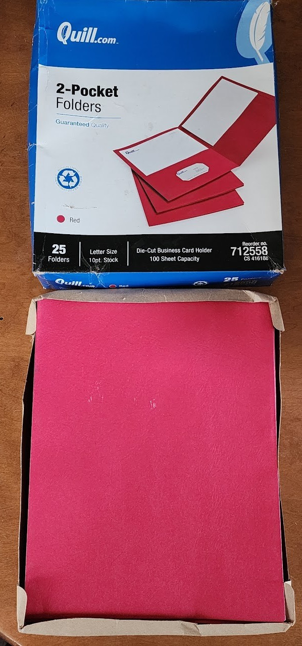 Quill 2 Pocket Folders Letter Business Card 10pt Stock 712558 Red 25ct Box FLAW