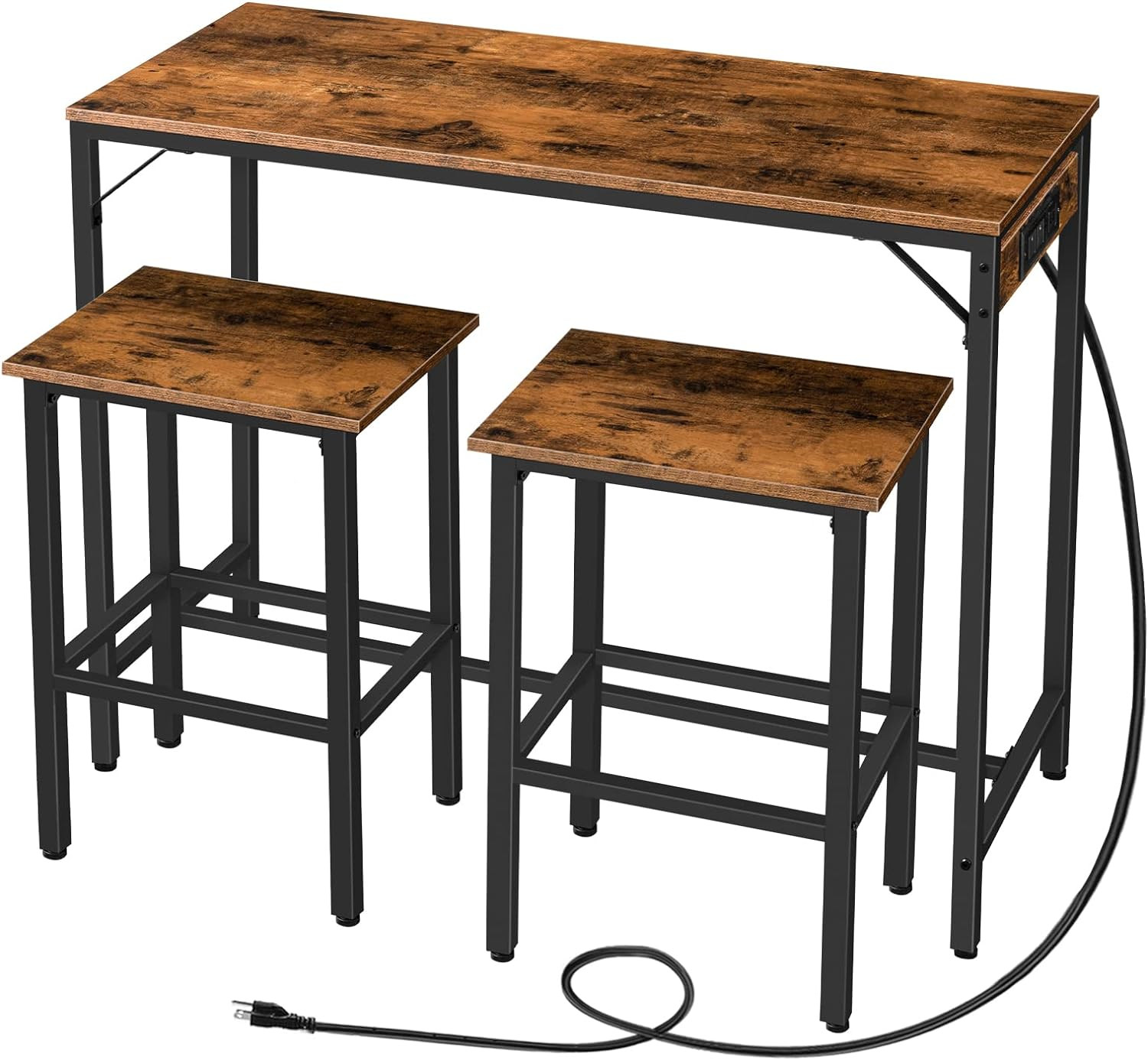 Rustic 3-Piece Bar Table Set with Power Outlet - Compact & Stylish