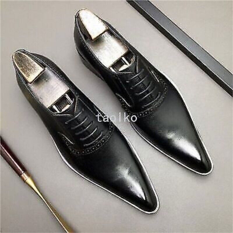 Men Genuine Leather Dress Shoes Fashion Wedding Pointed Toe Lace Up Formal Shoes