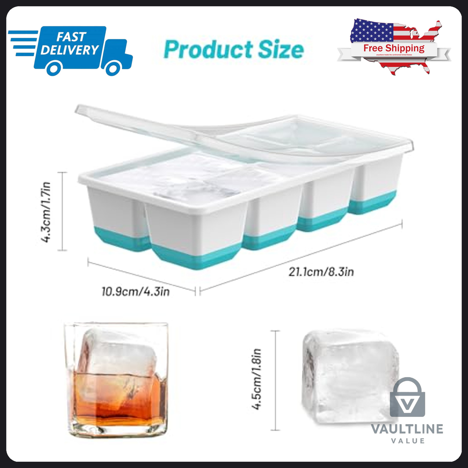 2 Pack VEHHE Silicone Ice Cube Trays with Lids - Large Square Mold - Blue