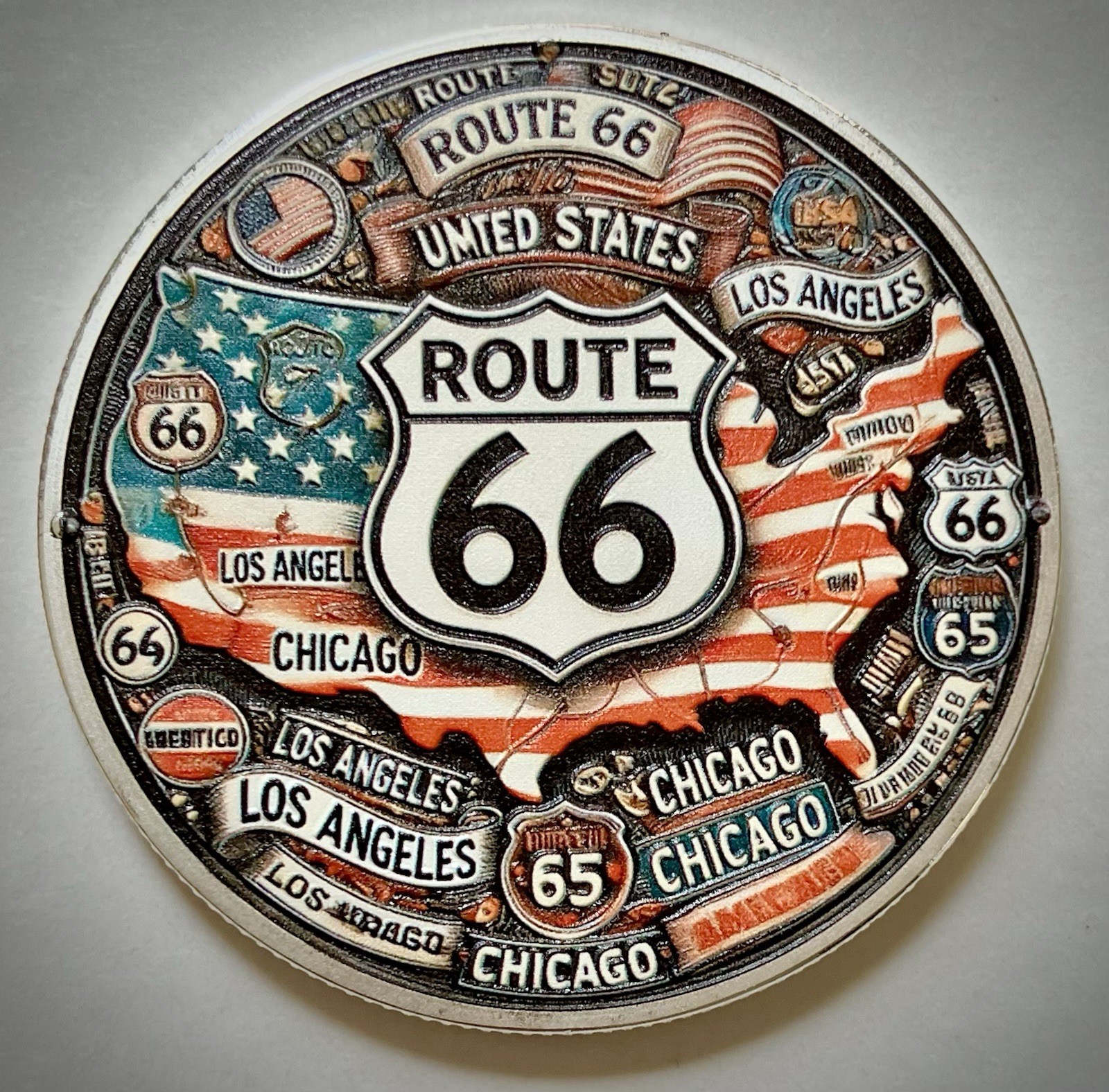 Rt 66 Challenge Coin-Silver Colored-2D-A Little Texture-Matte-LA To Chicago-New