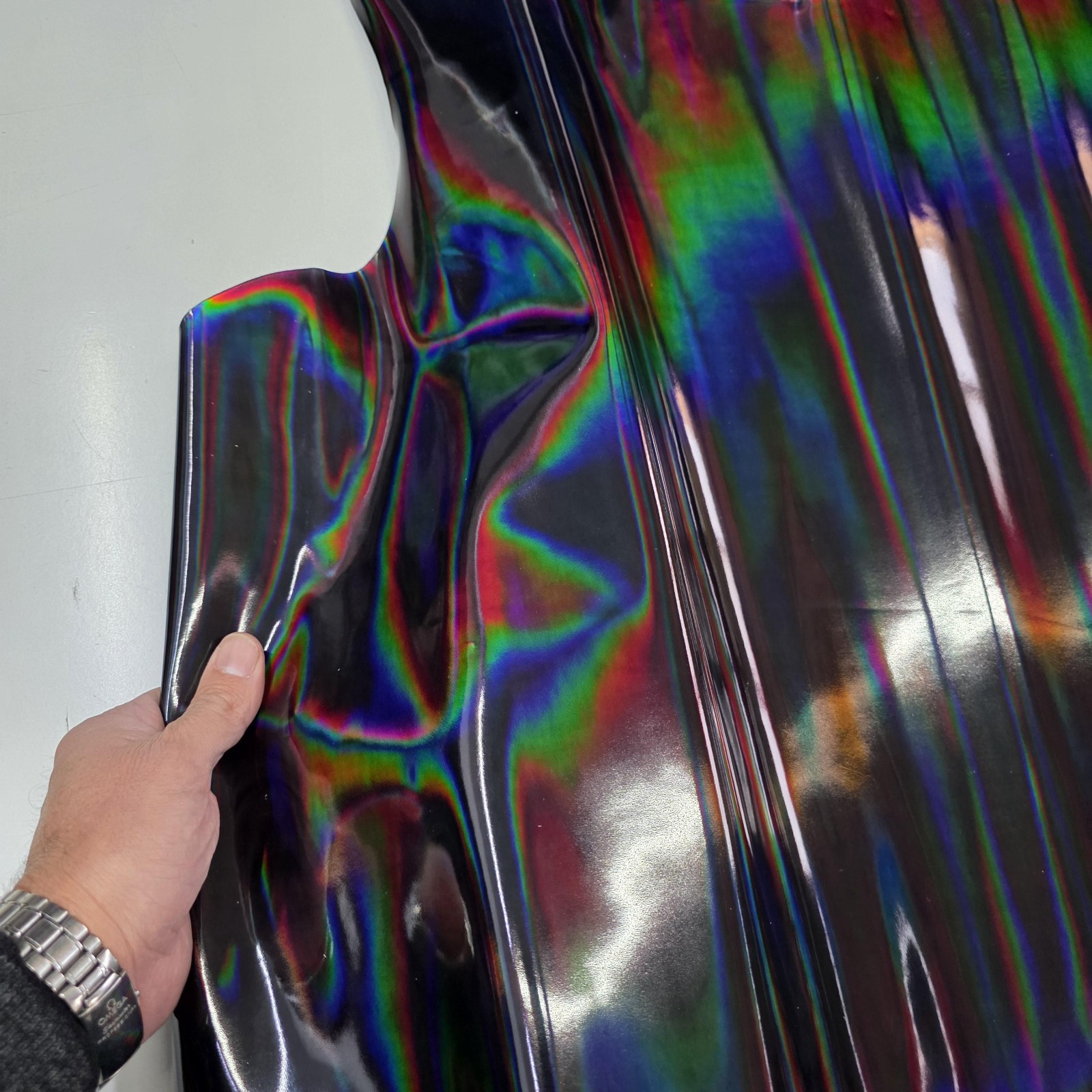 Color Black Iridescent Cow Patent Leather: Holographic Rainbow Glossy Metallic
