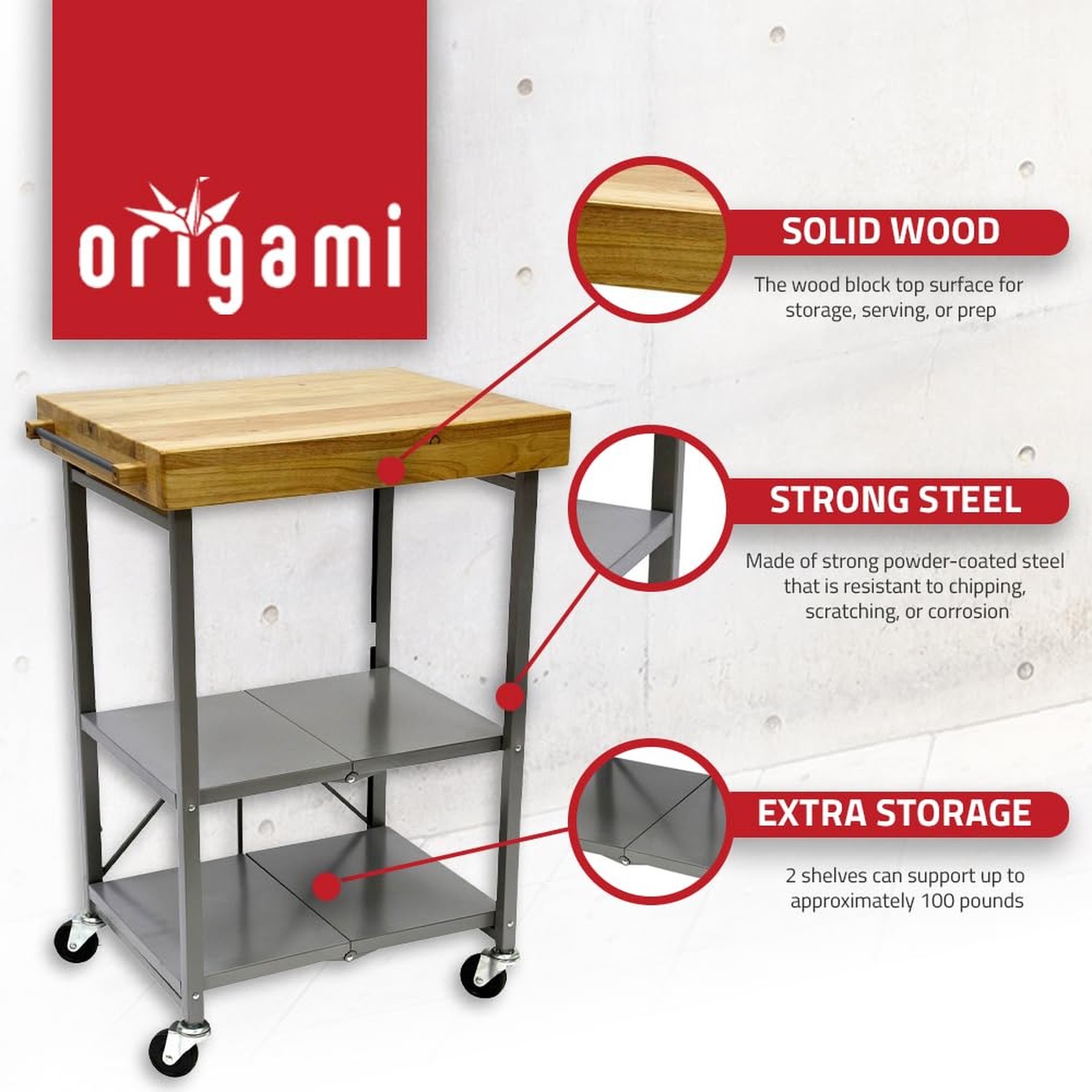 Origami Foldable Kitchen Island Cart, Rolling Storage Table Organizer with Wh...