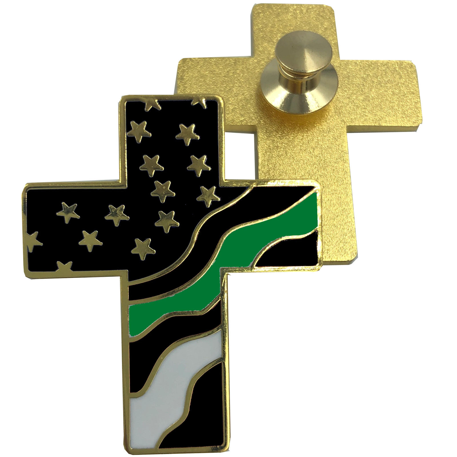 Thin Green Line American Flag Cross USA Lapel pin Cloisonné Police Sheriff CBP B