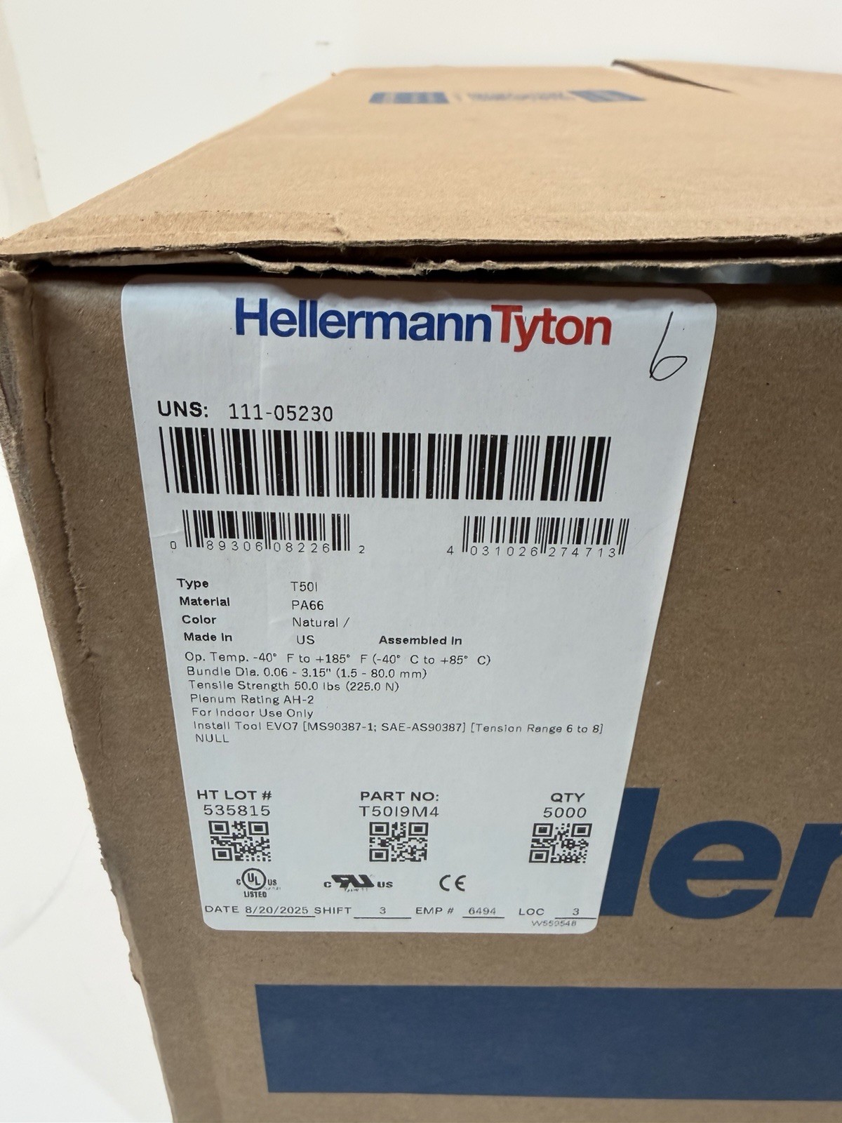 (QTY. 5000) HellermannTyton T50I9M4 Cable Tie 12" in Plenum Rated 50lb PA66 Nat