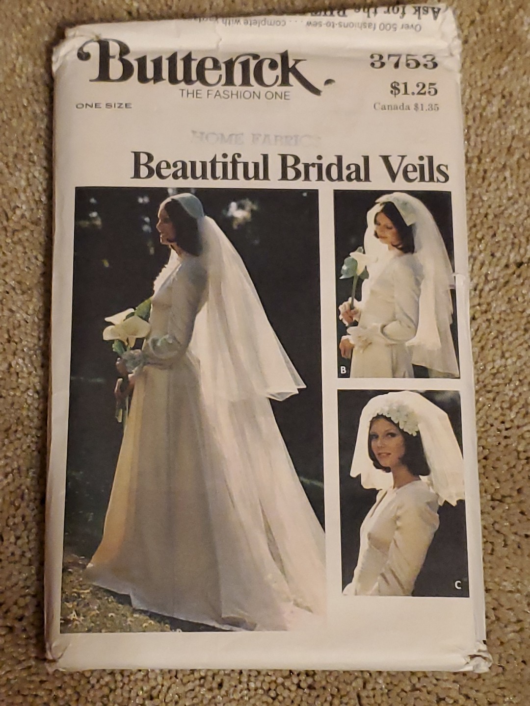 1970's VTG Butterick Beautiful Bridal Veils Pattern 3753 One Size Factory Fold
