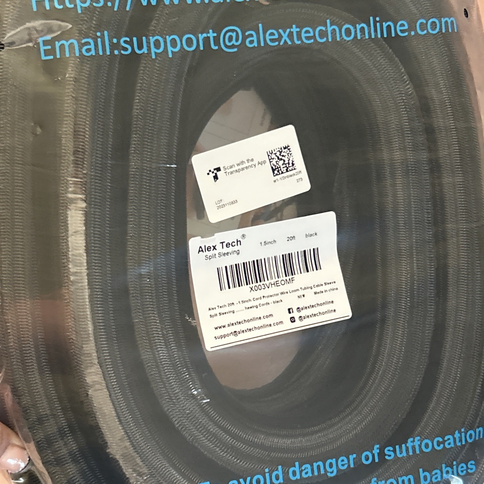 Alex Tech 20ft - 1.5 inch Cord Protector Wire Loom Tubing Cable Sleeve Black