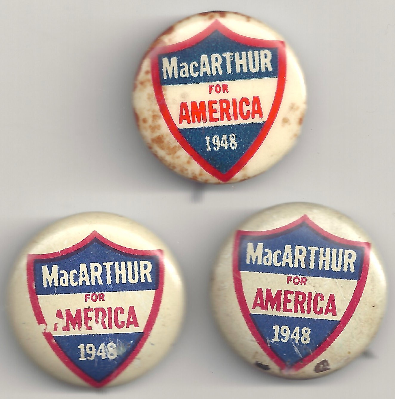 (3) Orig. MacArthur For America 1948 Presidential Hopeful Pins *AS IS*