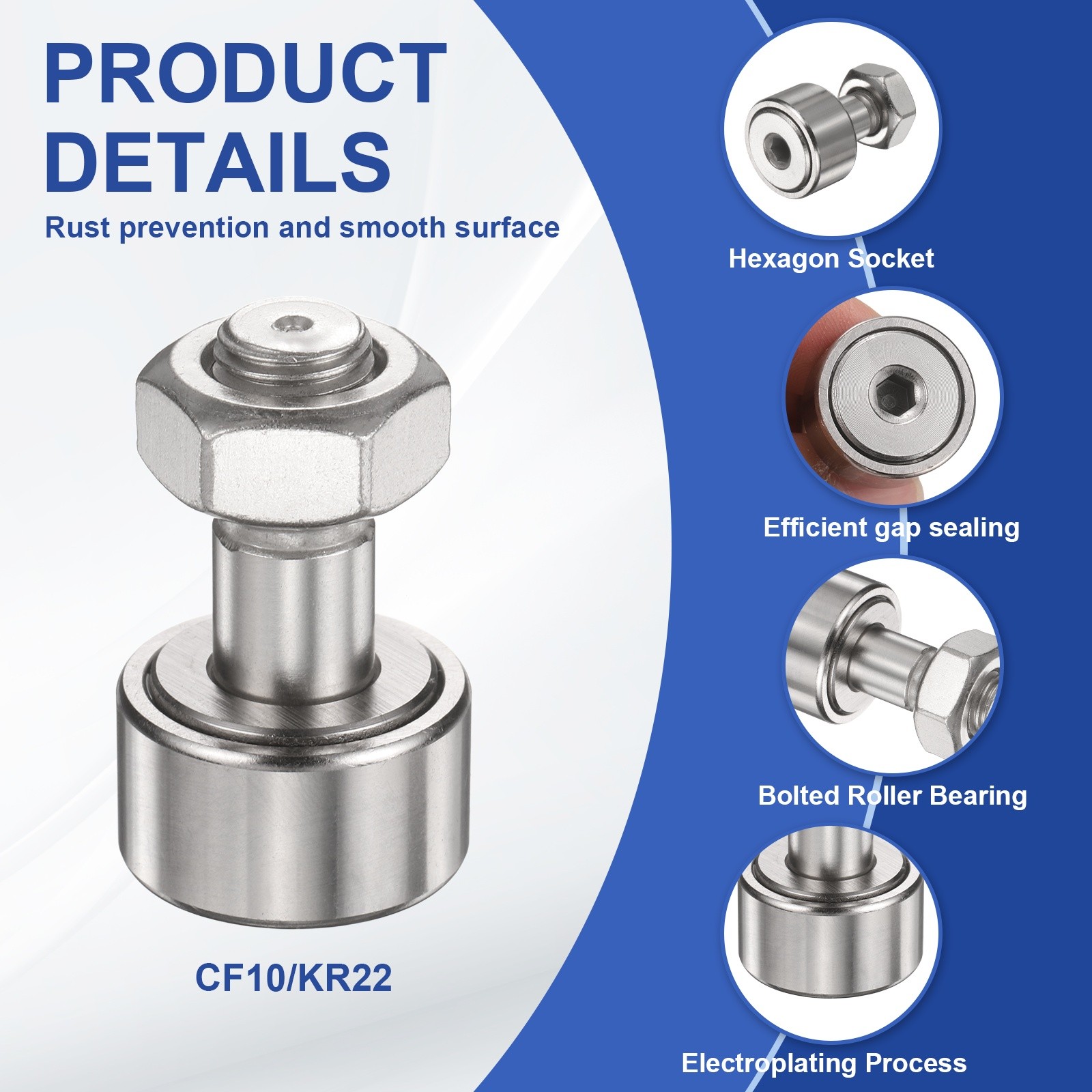 CF10/KR22 Cam Follower Track Runner Bearings, 22mm Roller Dia M10 Stud