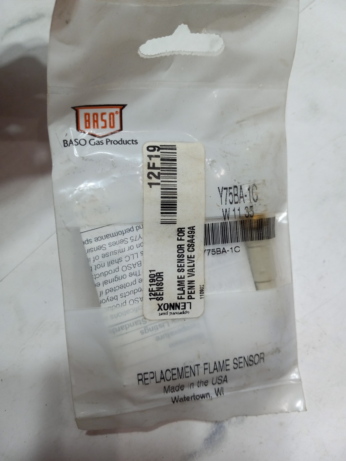 Baso Replacement Flame Sensor Y75BA-1C Lennox 12F19