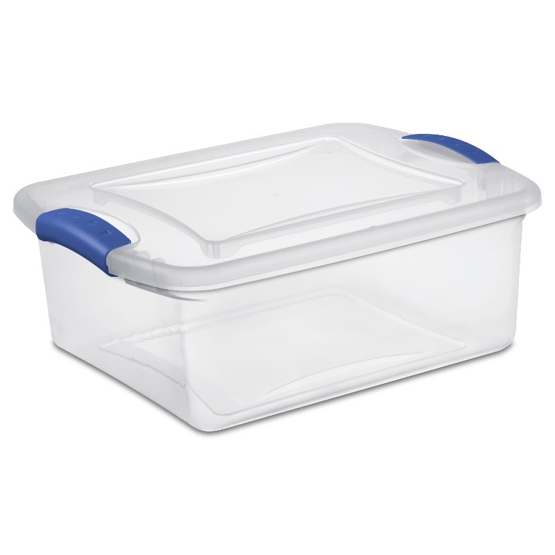 Sterilite 15 Quart Latch Box,Small Clear Plastic Storage Bin with Lid,Blue Latch