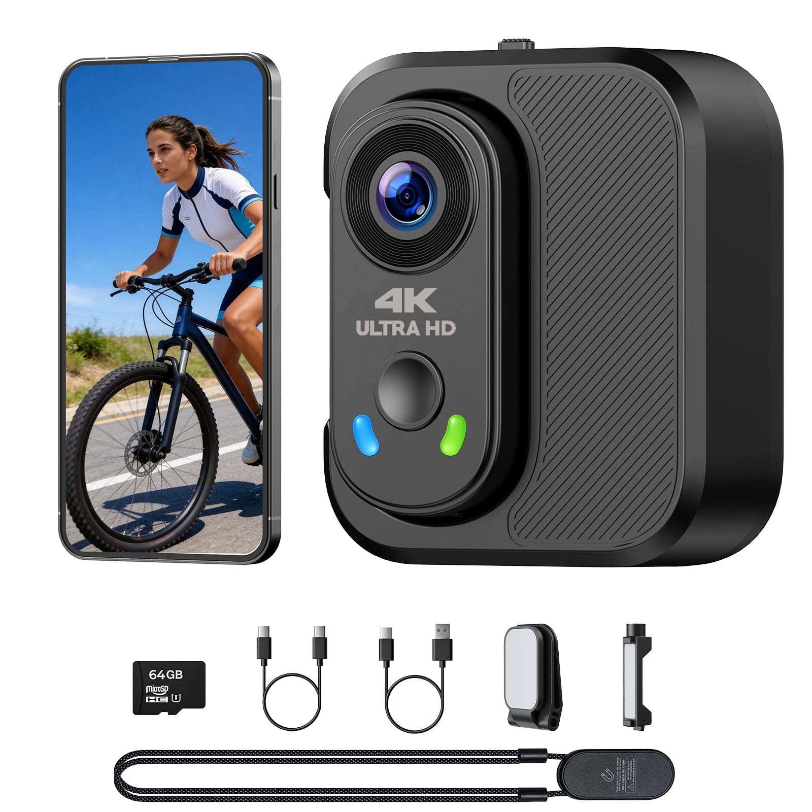 4K Mini Body Camera, Thumb Action Camera with 64GB Card, WiFi, Carbon black