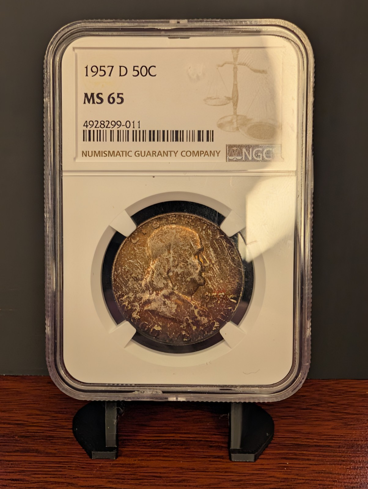 1957 D Franklin 50C Rainbow Toned NGC MS65