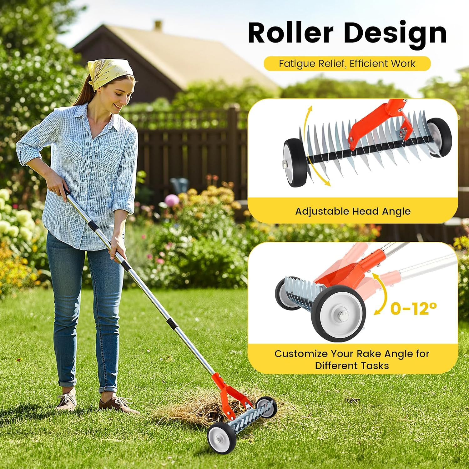 Thatch Rake with Wheels, 37-65.35'' Adjustable Dethatching Roller Rake Adjustabl