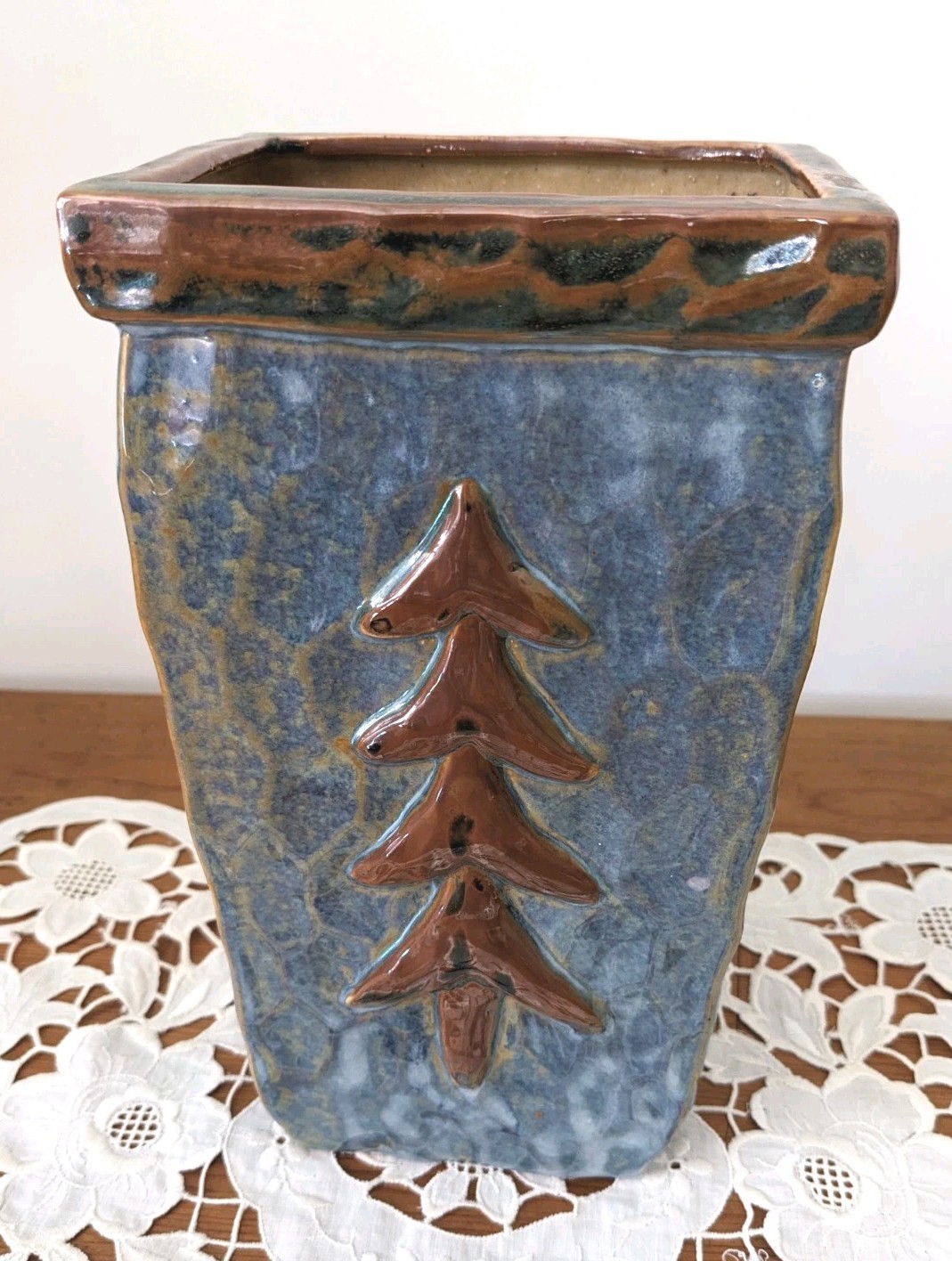 Pier 1 Imports Planter Vase Blue Stoneware With Pine Tree 9.25 "