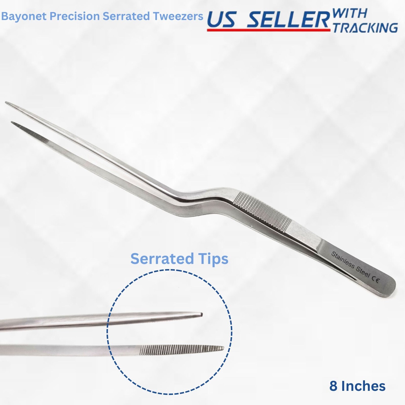 8" Precision Offset Lab Tweezers/Forceps Stainless Steel Serrated Fine Point Tip
