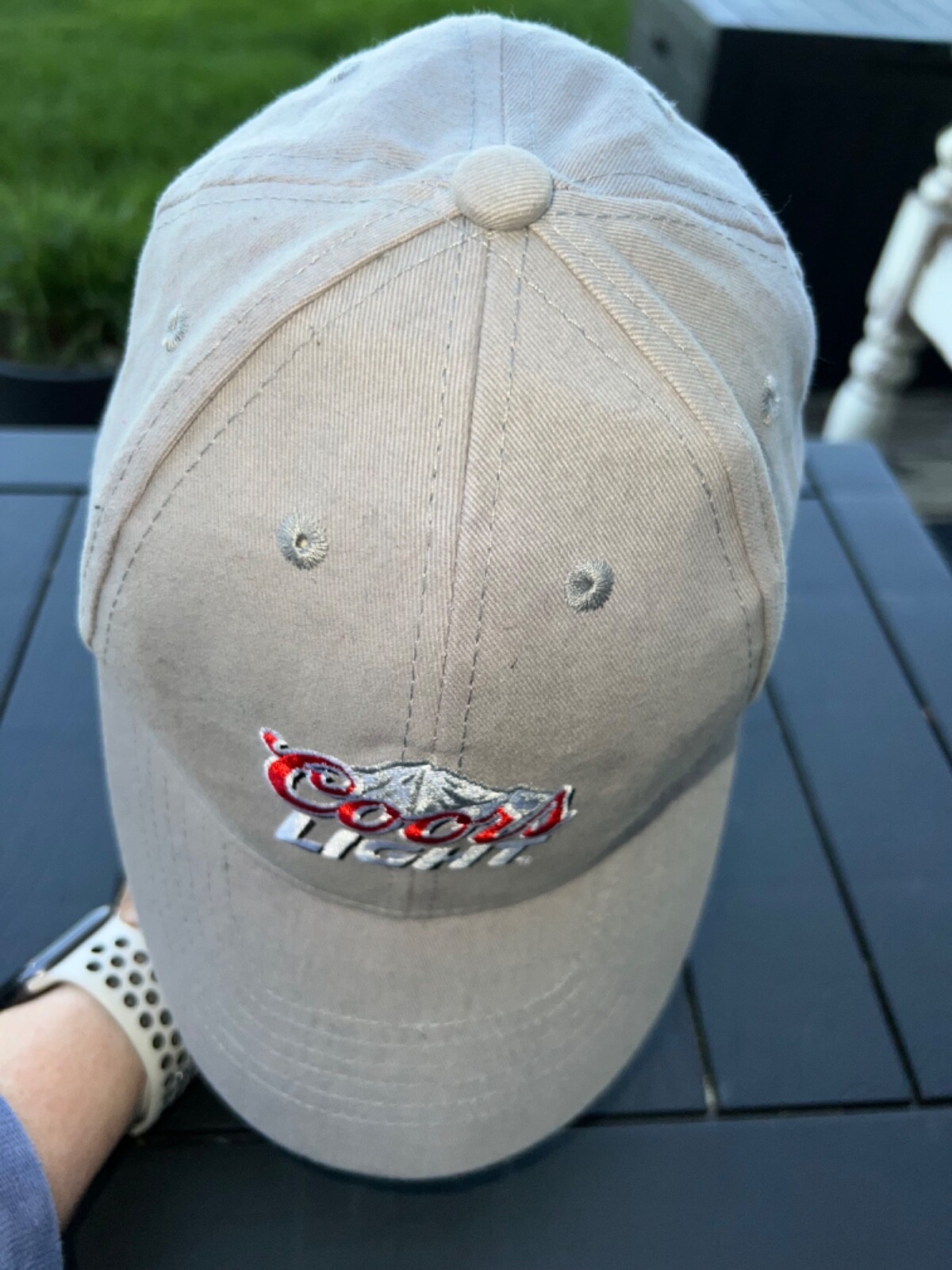 Coors Light w Mountain Red White Embroidery on Gray Hat Cap Hook Loop EUC