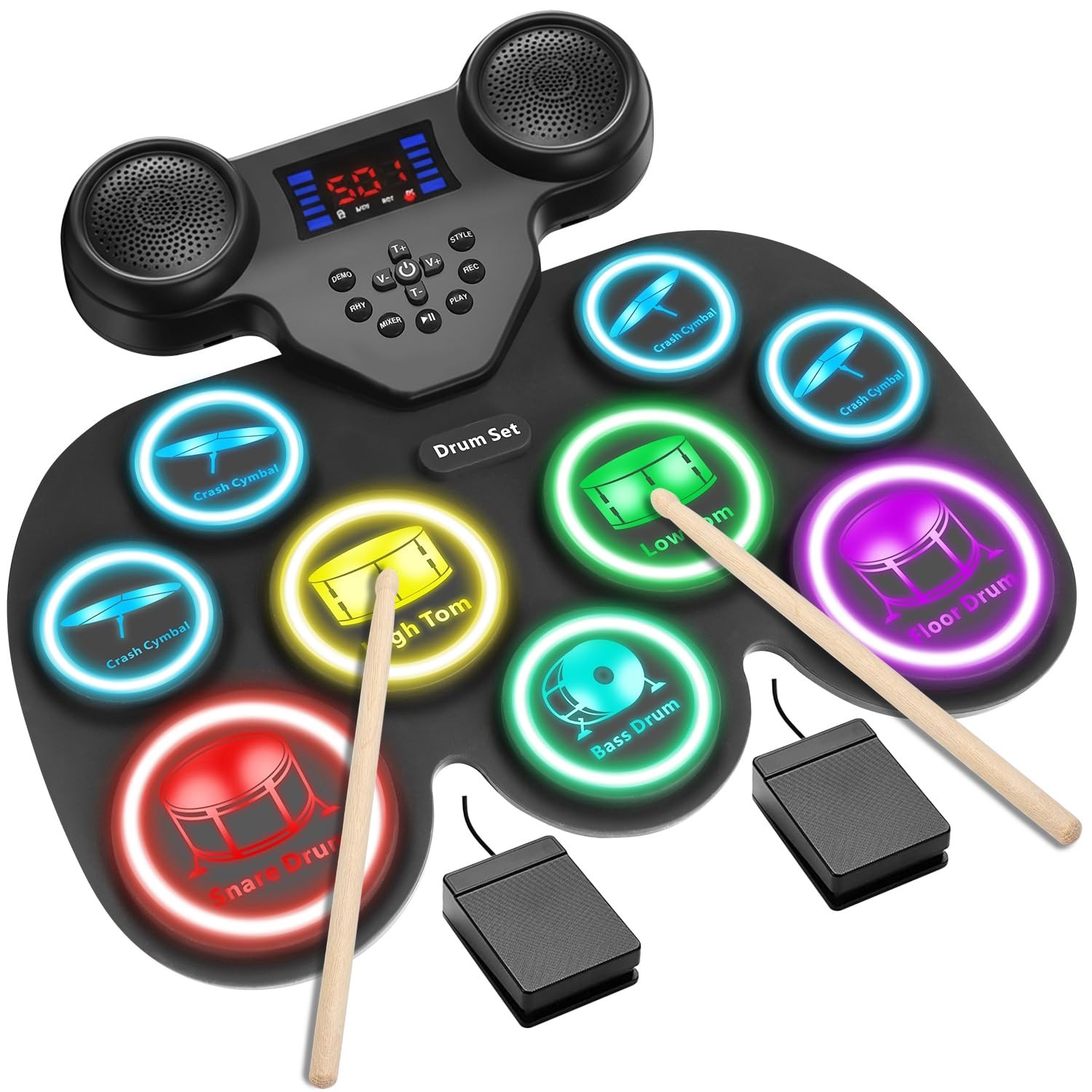 Electronic Drum Set with 7-Color LED Light Show on Strike, 9-Pad Electric Dru...