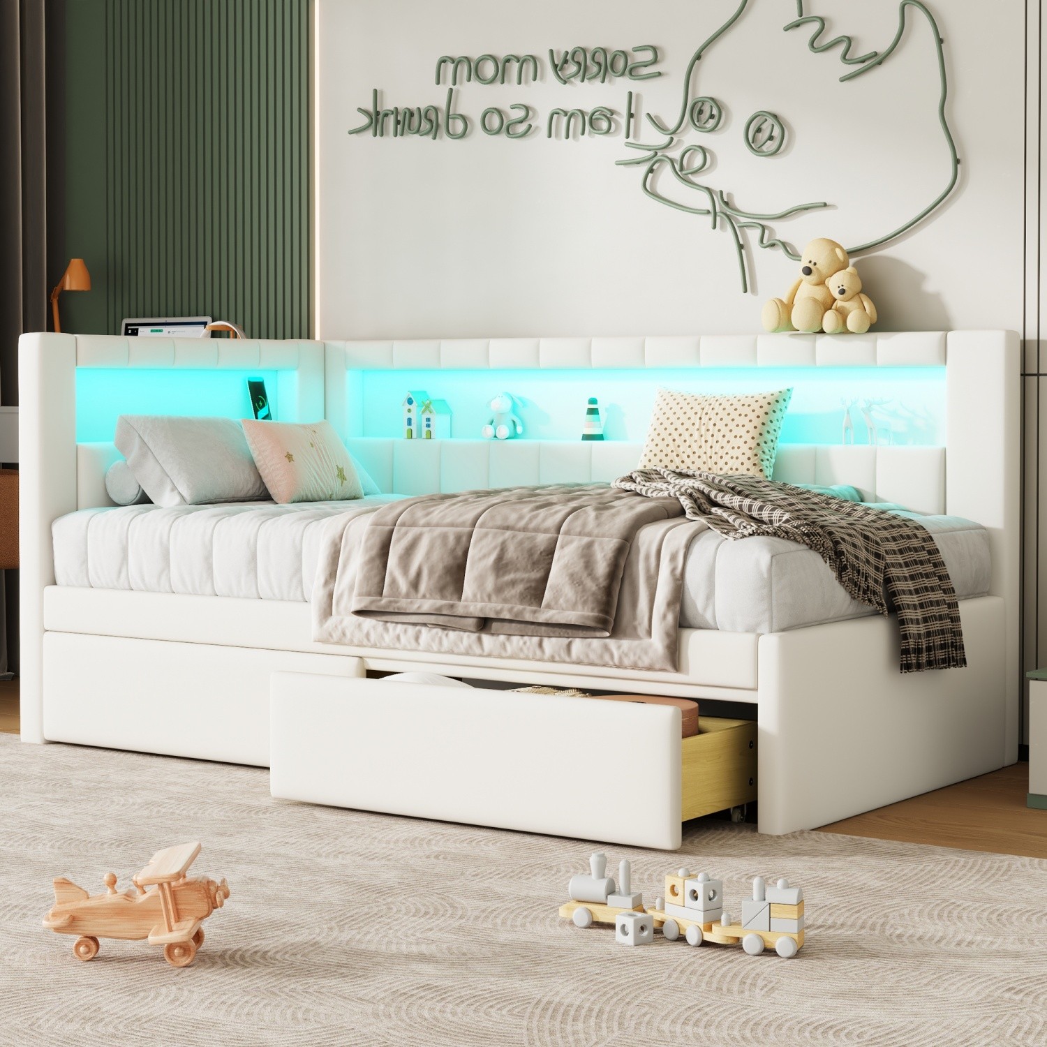 Twin Size LED Daybed Upholstered Bed Frame Sofa Bed w/ 2 Drawers & USB Ports