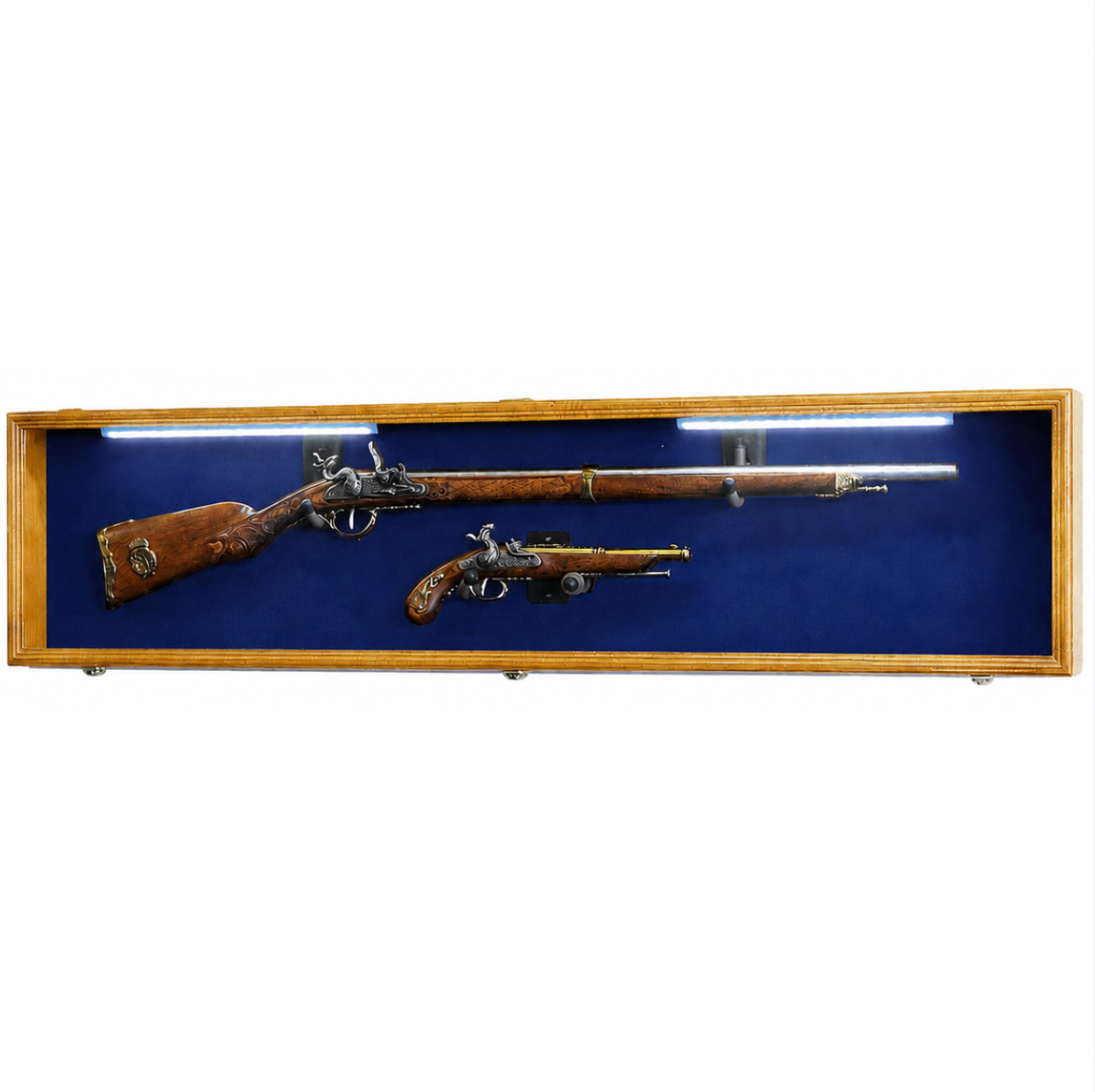 54in LED Lighted Rifle Shotgun Display Case Oak Wood Gun Cabinet Shadow Box