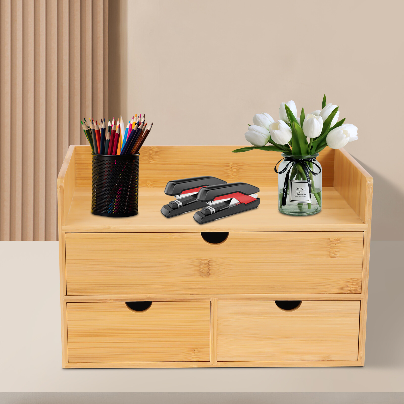 Bamboo Desk Organizer with 3 Drawers Tabletop Cosmetic Storage Simple Design NEW