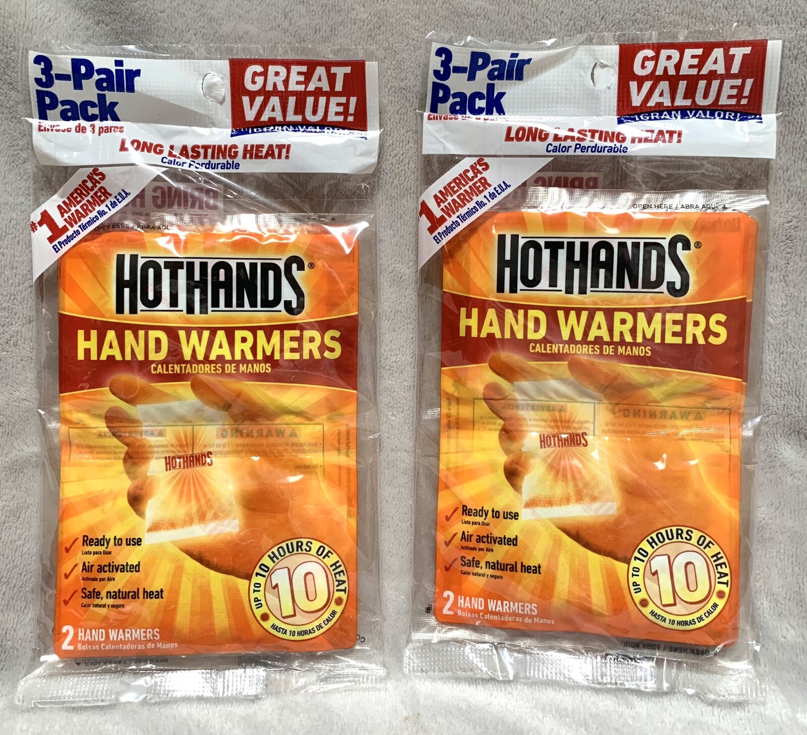 NEW Lot of 2 HotHands Hand Warmers 3-Pair Pack Up To 10 Hours of Heat