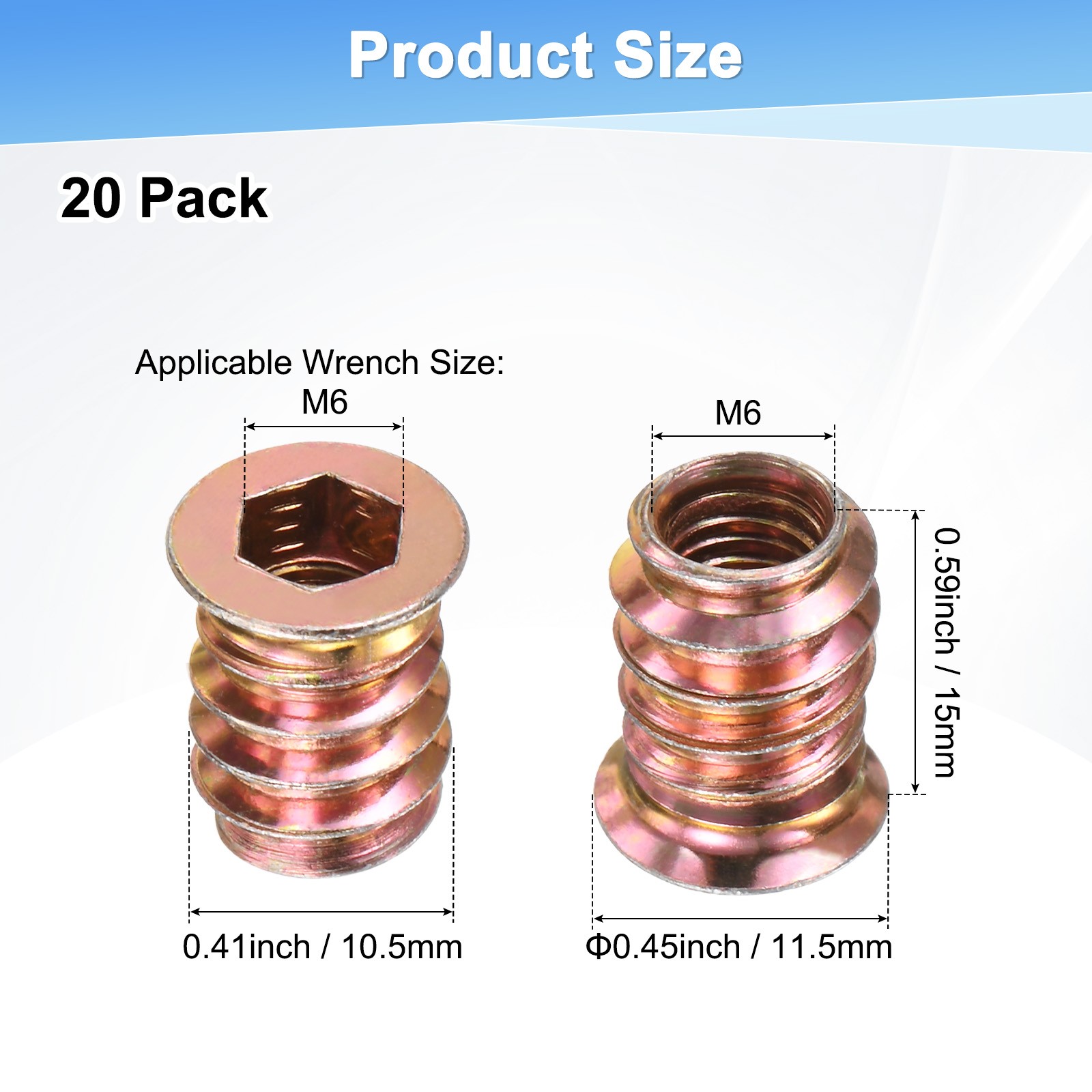 20-Pack Threaded Inserts for Wood, M6x15mm Threaded Insert Nuts [Gold Tone]