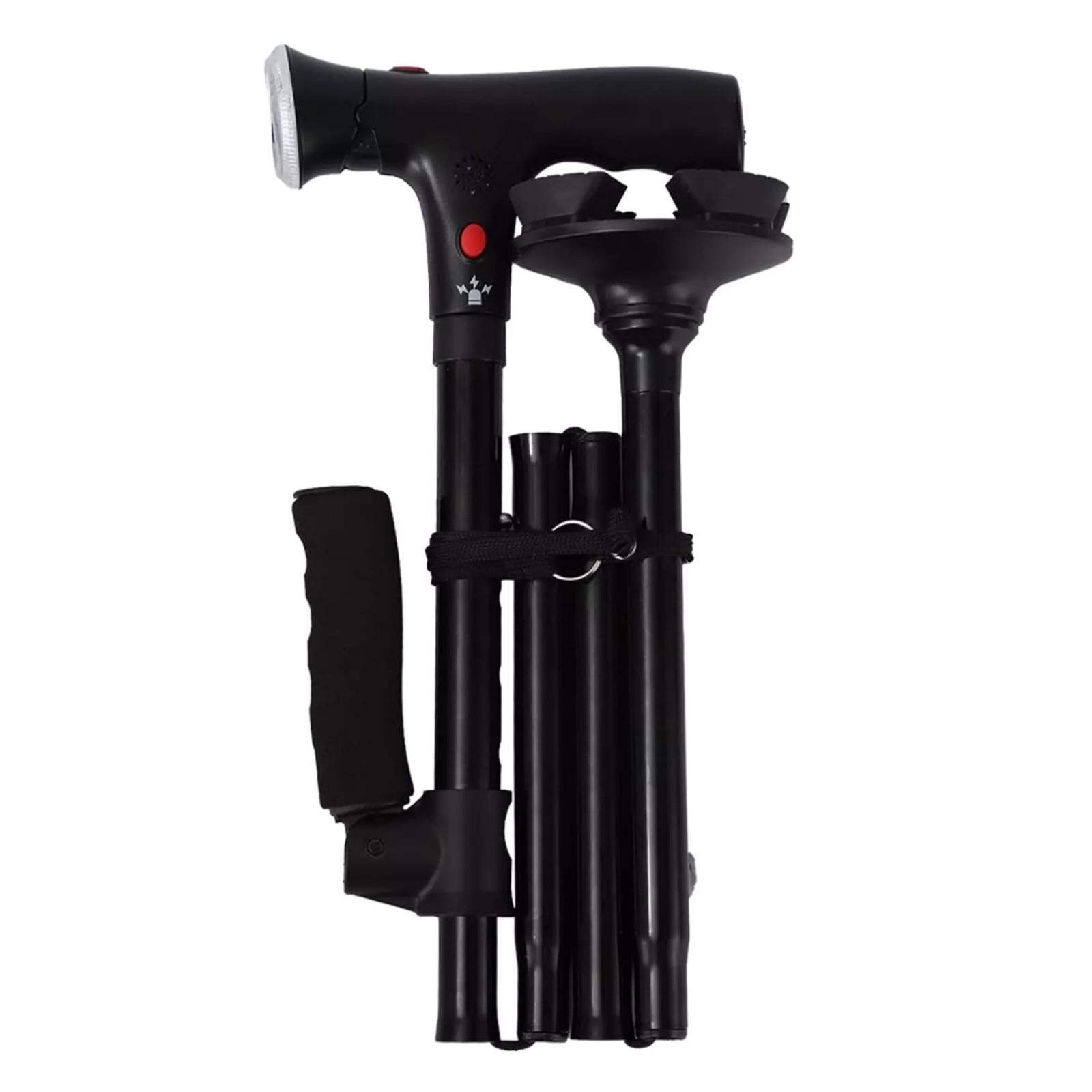 1PC Foldable Walking Cane W/LED Light&Alarm Adjustable Height Non-Slip Base