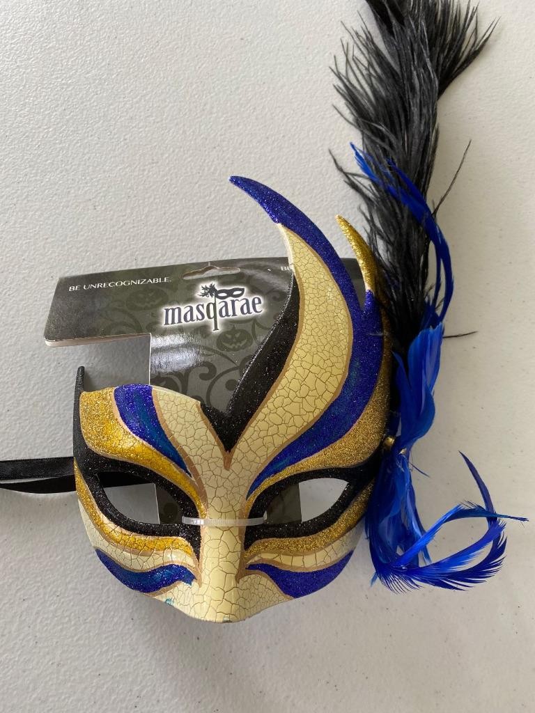 MASQARAE Feather Bird Eye Mask Blue Gold Black New