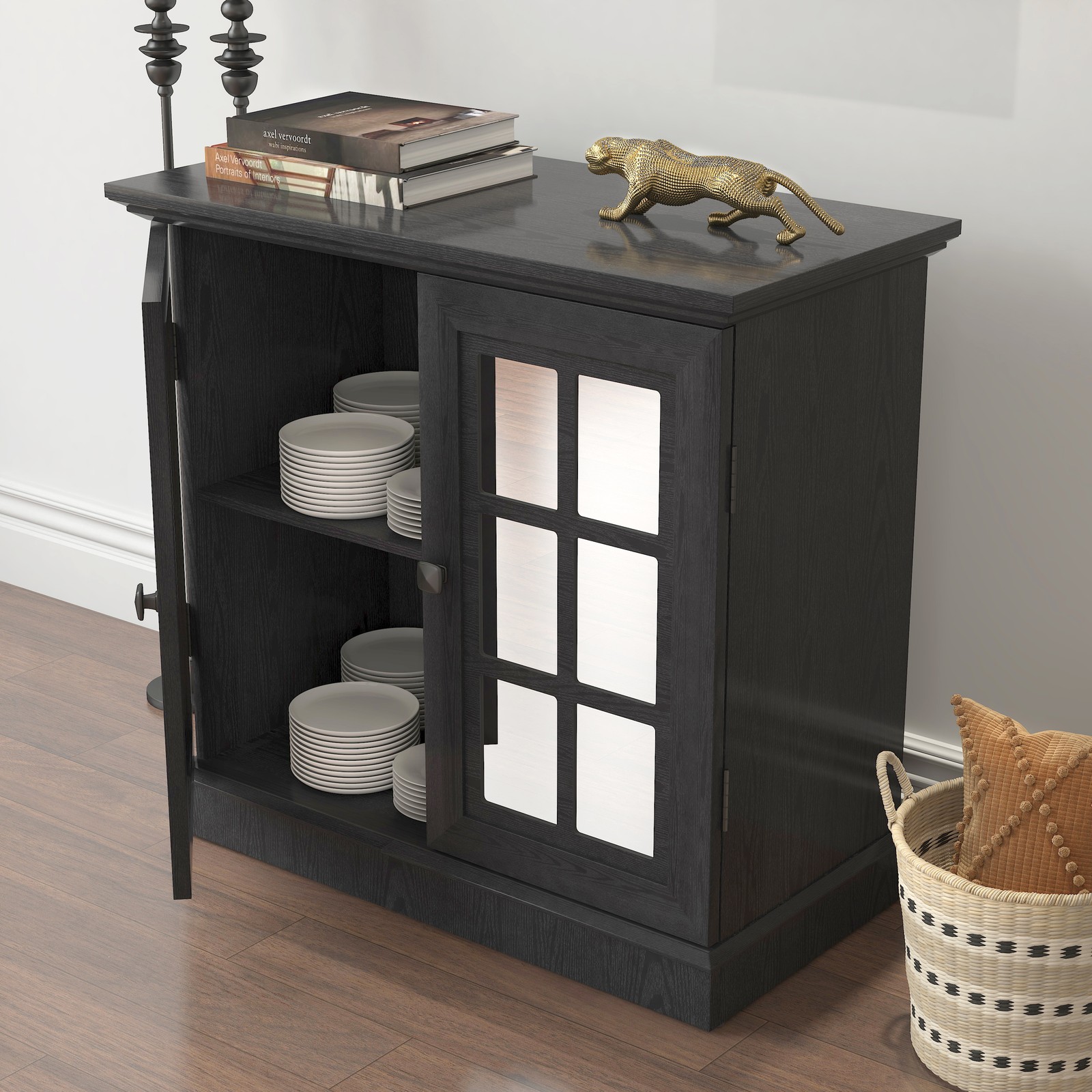 Storage sideboard cabinet with 2 decorative acrylic mirrored doors, adjustable