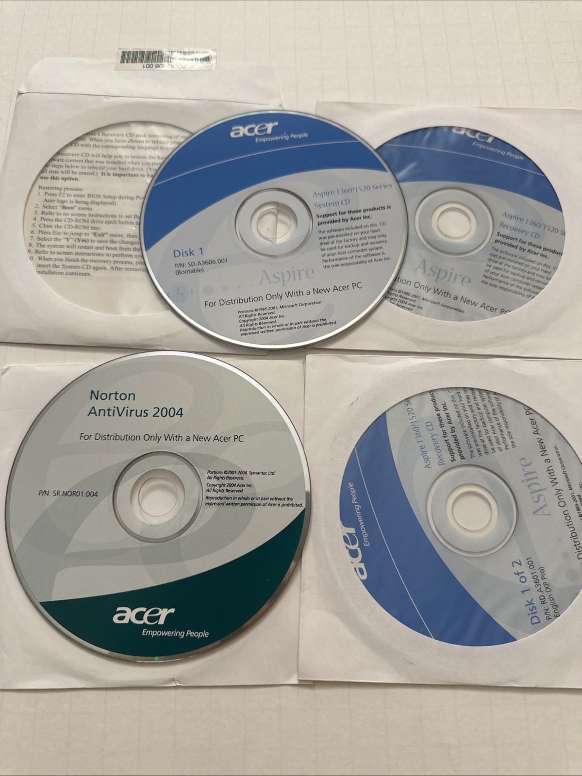 Acer CD ROM Discs For Norton Antivirus And Aspire System CD