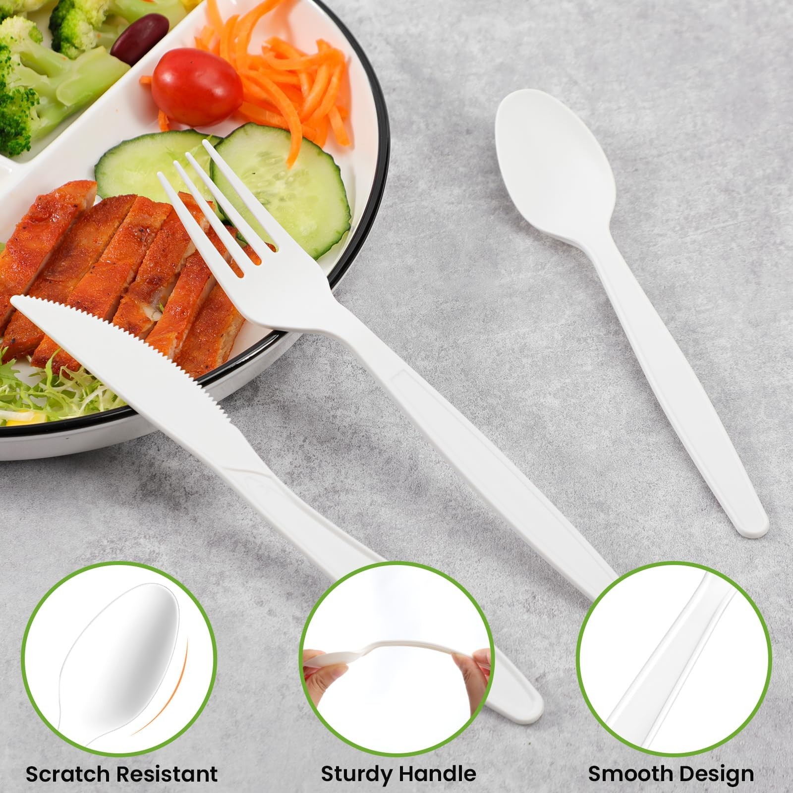 Compostable Utensils Set (300Pack), Heavy Duty & Eco-Friendly No-Plastic Spoo...