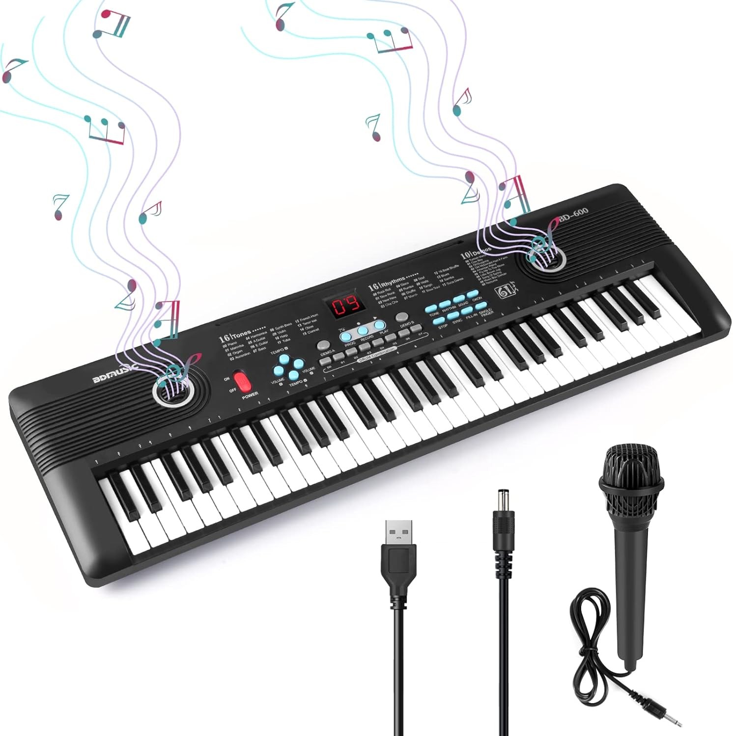 Black 61 Key Kids Music Electronic Keyboard Electric Digital Piano Organ w/Mic