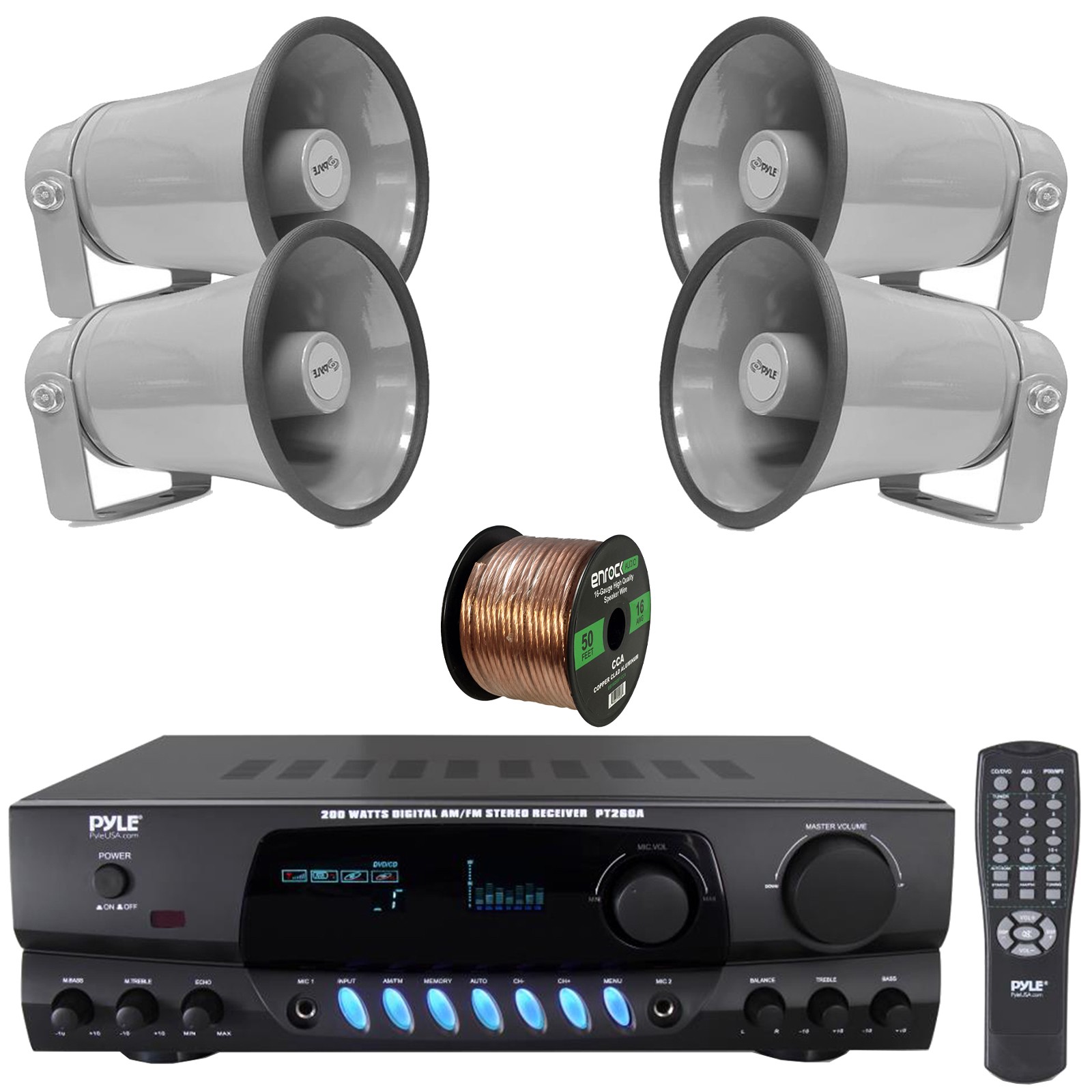 Pyle Audio Screen Display Receiver, 4x 8.1'' 50W Max Gray PA Horn Speakers, Wire
