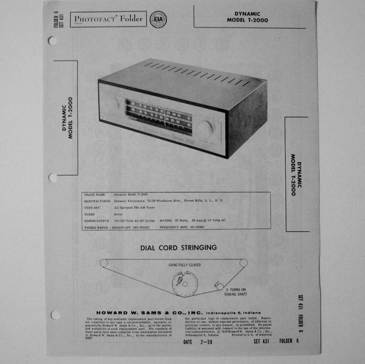 Dynamic Model T-2000 7 Tube Table Top FM AM Tuner SAMS Photofact ™ 1959 - New