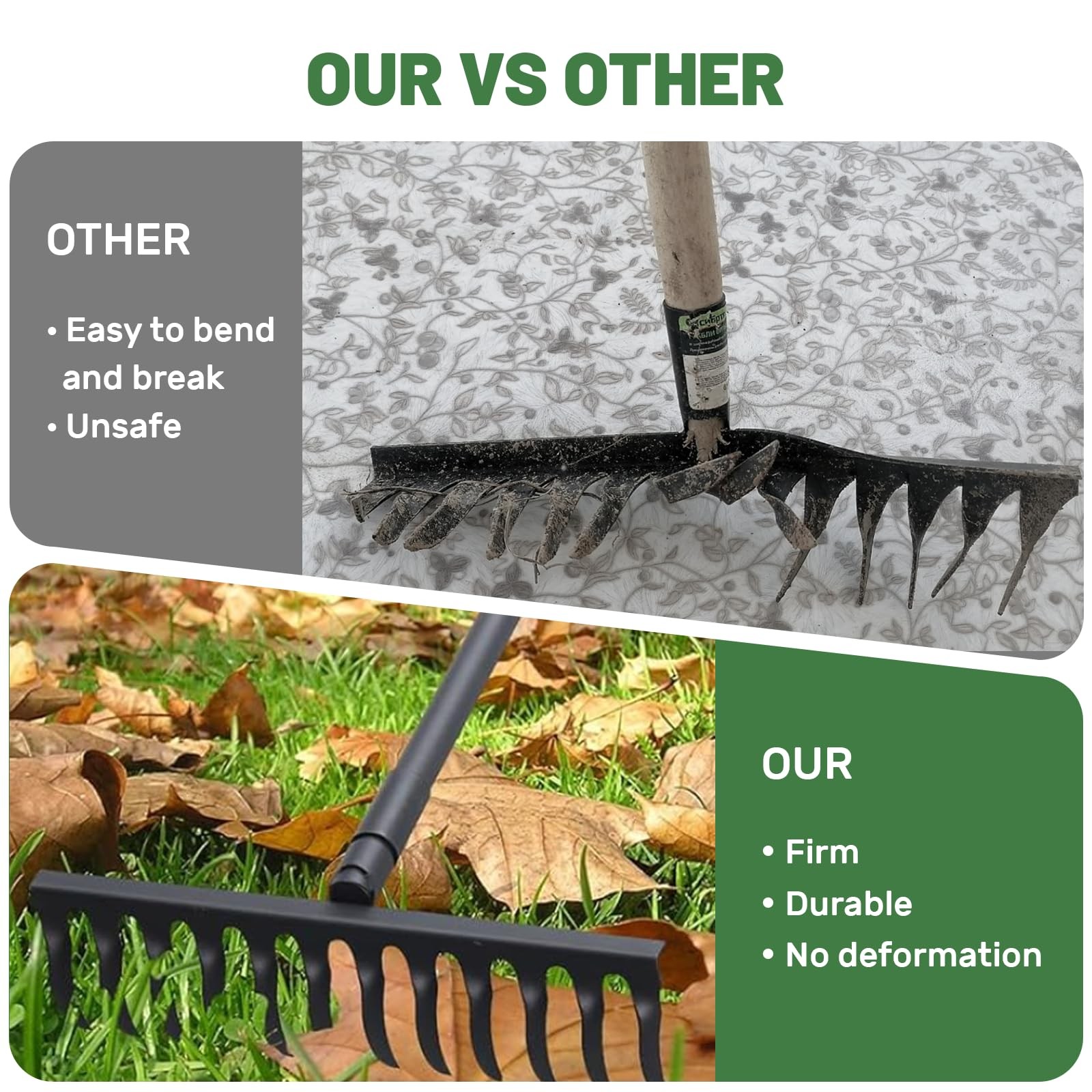 60" Bow Rake 12 Tines Metal Head Rakes with Adjustable Handle, Thatch Rake fo...